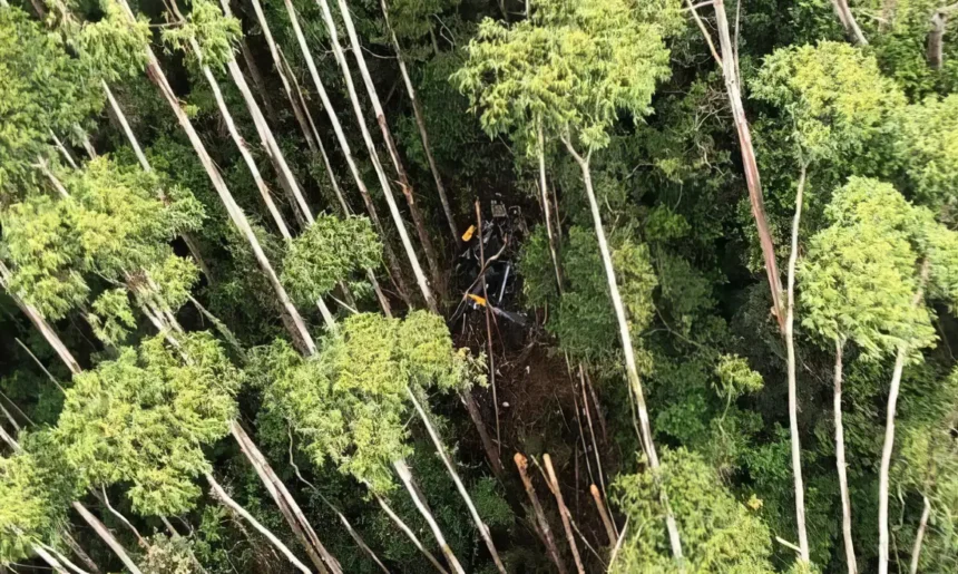 Vítimas de queda de helicóptero são retiradas de local do acidente