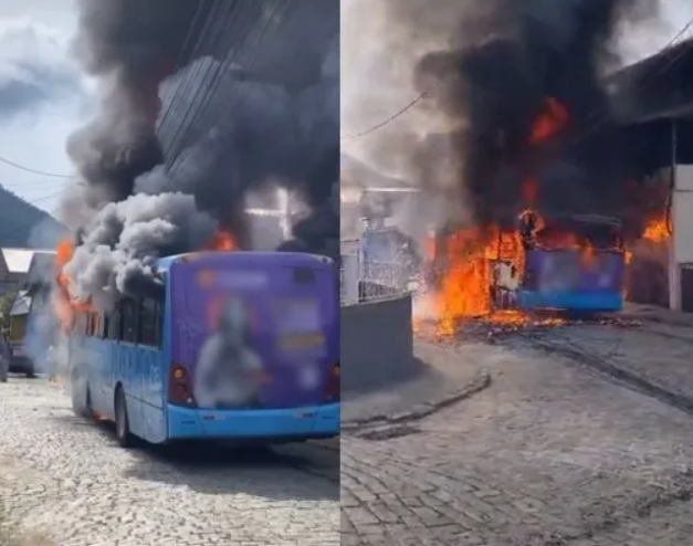 Ônibus é destruído por incêndio em Nova Friburgo e mulher fica ferida