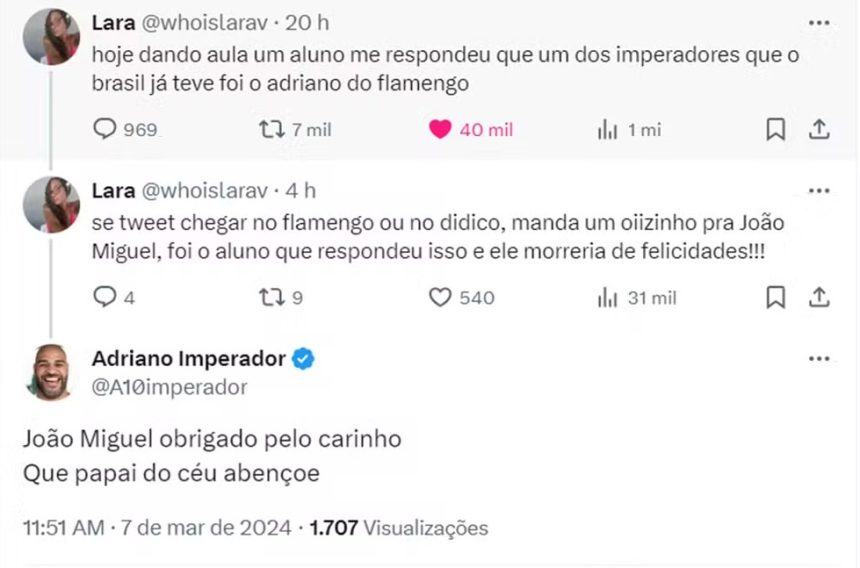 Aluno campista viraliza após falar em aula que um dos imperadores do Brasil é Adriano e recebe resposta do ex-jogador