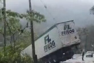Caminhão de transportadora sofre acidente e quase cai em ribanceira