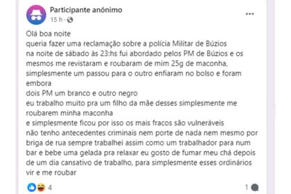 Perfil anônimo diz que teve 25 gramas de maconha roubados por policiais e viraliza na web: “Trabalho muito para roubarem minha maconha”