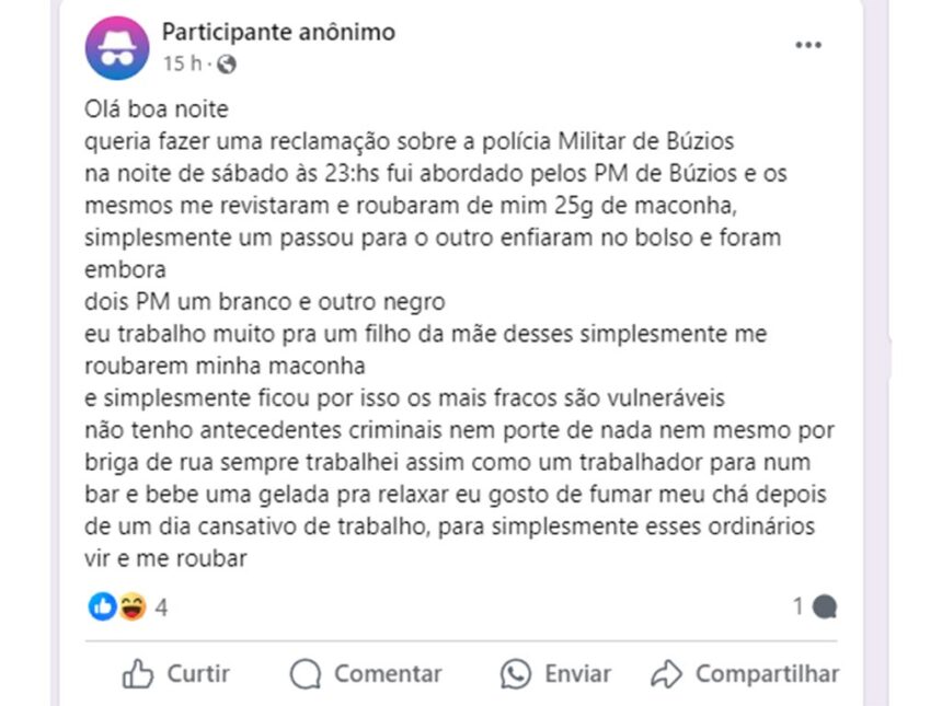 Perfil anônimo diz que teve 25 gramas de maconha roubados por policiais e viraliza na web: “Trabalho muito para roubarem minha maconha”