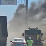 Caminhão tanque fica em chamas na BR-101, em Campos