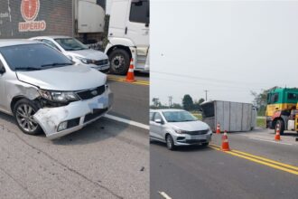 Motorista de caminhão fica ferido após acidente entre quatro veículos na BR-101