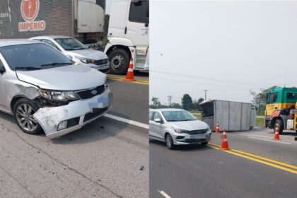 Motorista de caminhão fica ferido após acidente entre quatro veículos na BR-101