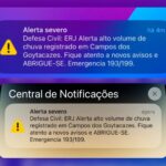 Celulares recebem notificações e Defesa Civil emite alerta severo de chuva para Campos 