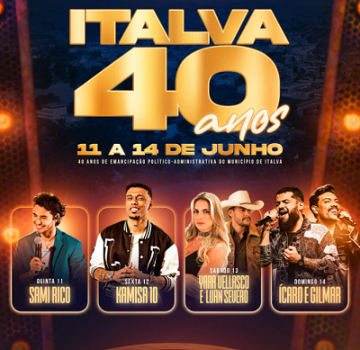 Shows nacionais, concursos e exposições: 40ª Festa de Italva começa nesta quinta-feira Shows nacionais, concursos e exposições: 40ª Festa de Italva começa nesta quinta-feira