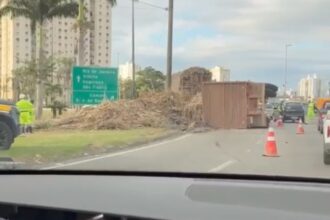 Carreta carregada de cana tomba no Trevo do Índio e provoca engarrafamento na BR-101