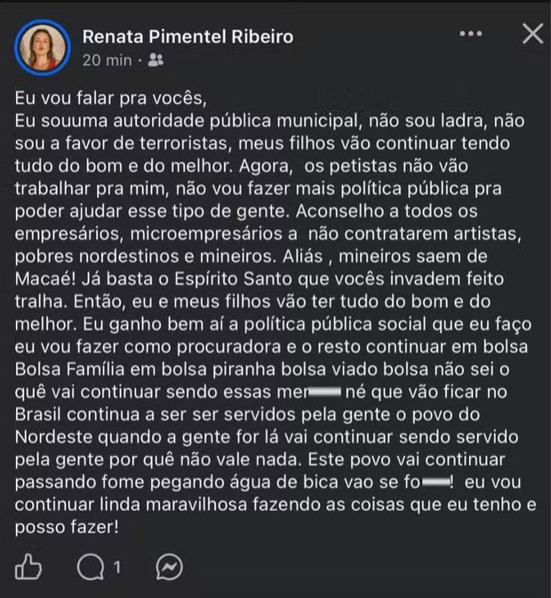 Polícia investiga procuradora de Macaé que atacou eleitores do PT e pediu que empresas não contratem “artistas, pobres nordestinos e mineiros” Polícia investiga procuradora de Macaé que atacou eleitores do PT e pediu que empresas não contratem “artistas, pobres nordestinos e mineiros”
